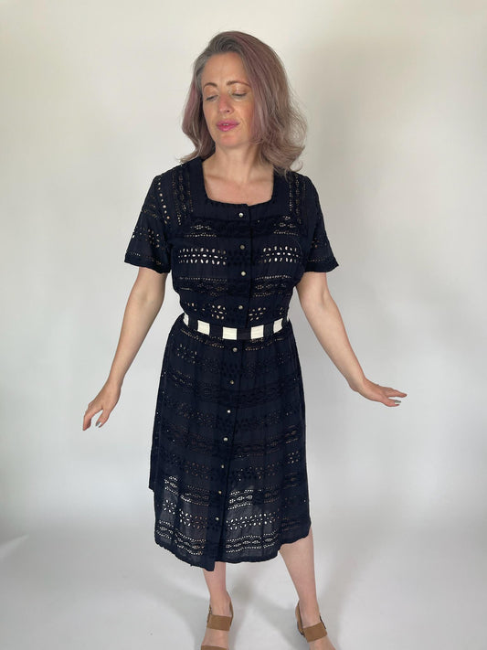 Vintage 50s Black Cotton Eyelet Dress - Fits Size M-L
