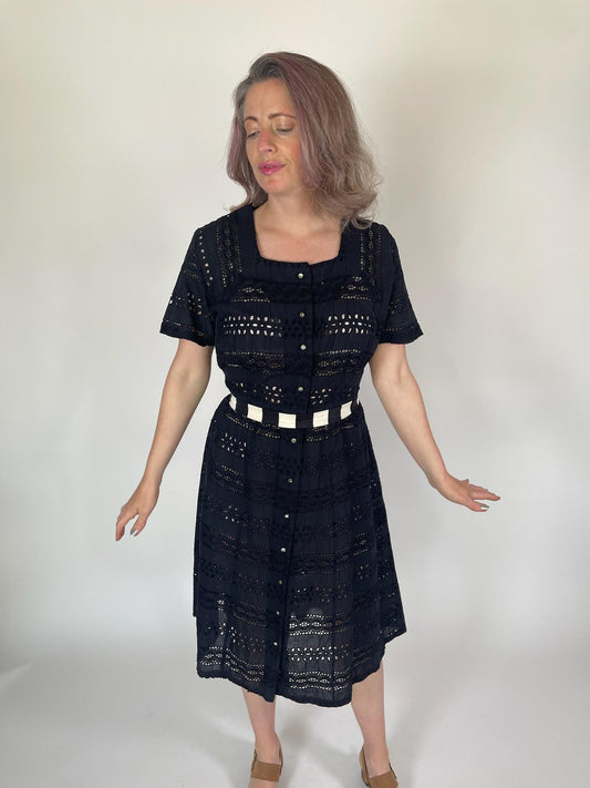 Vintage 50s Black Cotton Eyelet Dress - Fits Size M-L