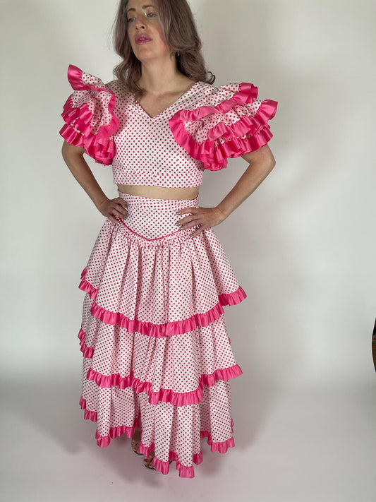 Reworked Vintage 50s Pink Polka Dot Flamenco Skirt Set - Fits Size XS-M