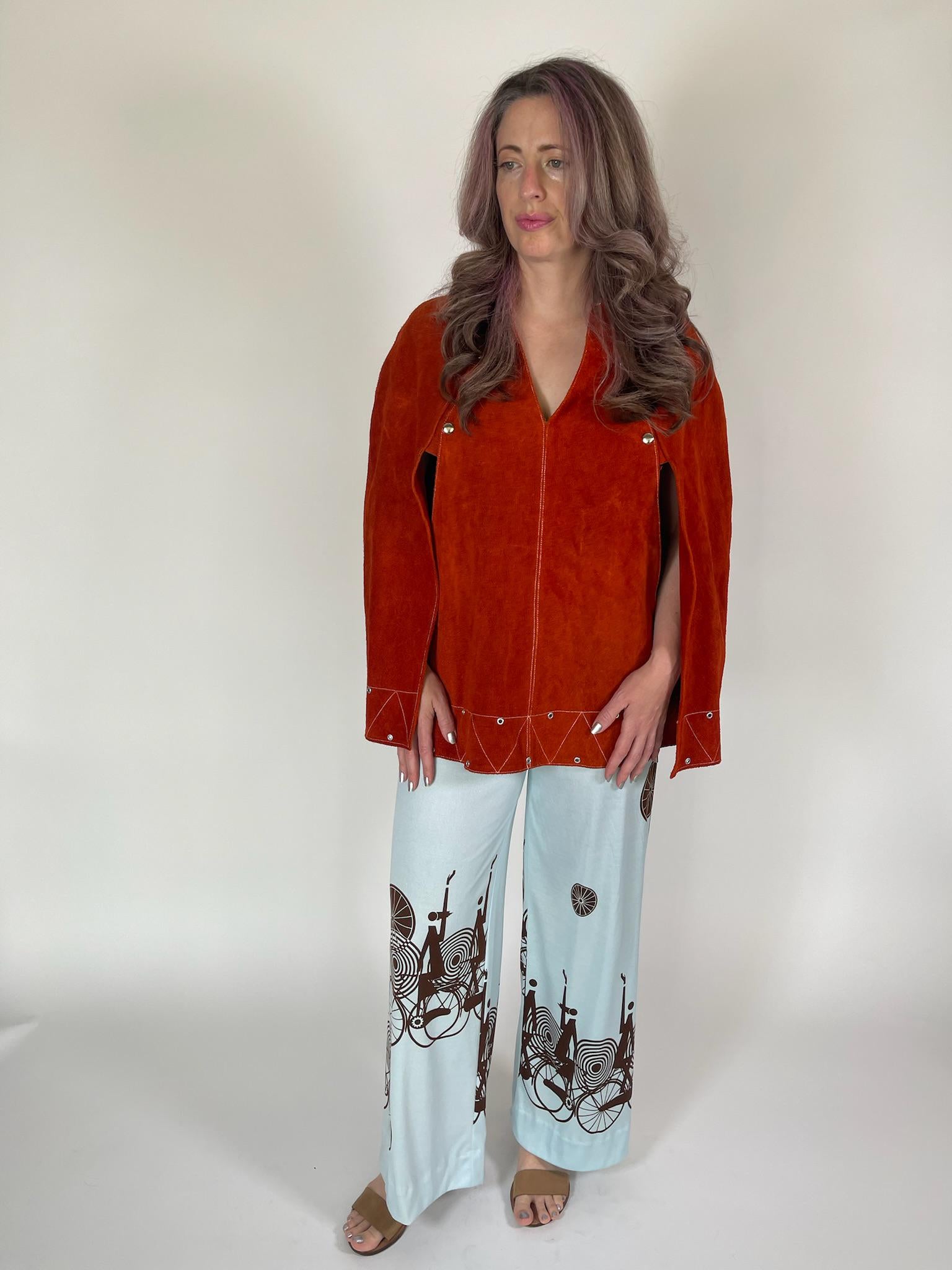 Vintage 60s 70s Orange Suede Leather Cape Poncho - Fits Most Sizes