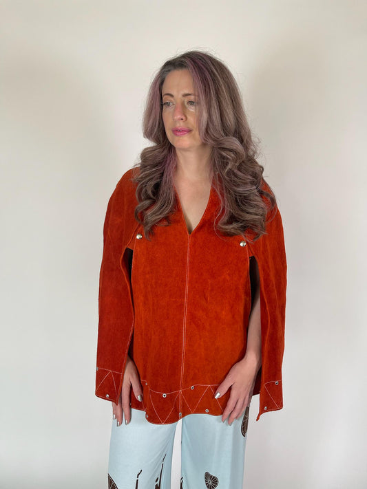 Vintage 60s 70s Orange Suede Leather Cape Poncho - Fits Most Sizes