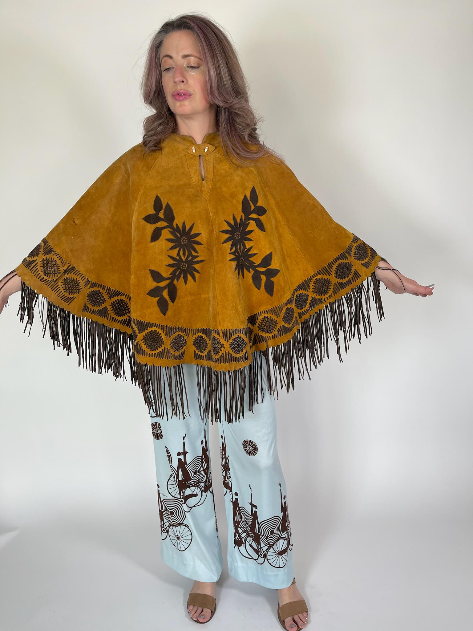 Vintage 60s 70s Suede Leather Fringe Cape - Fits Most Sizes