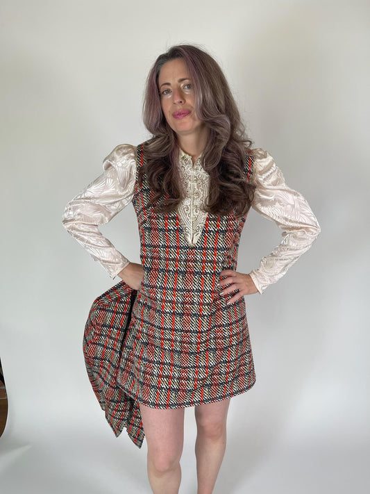 Vintage 60s 70s Tweed Print Dress Set - Fits Size S-L