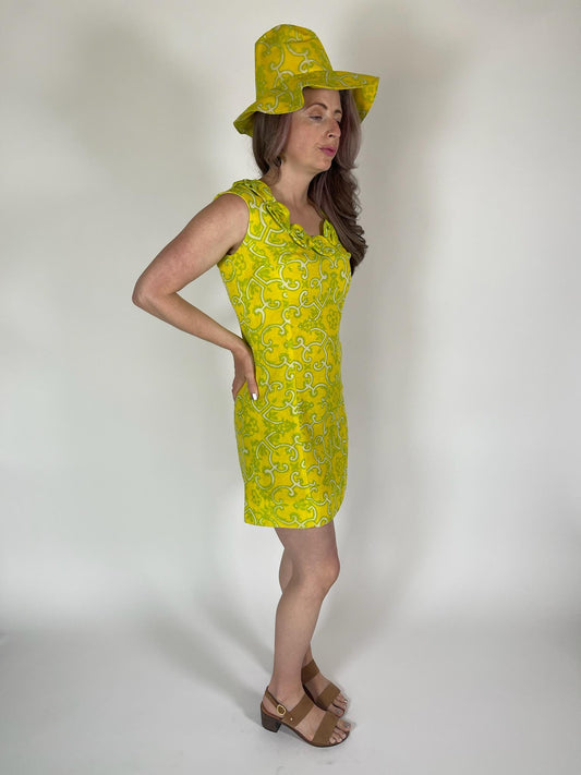 Vintage 60s "Lisa Cobb for Saks Fifth Avenue" Yellow Hat and Dress Set - Fits Size XS-S