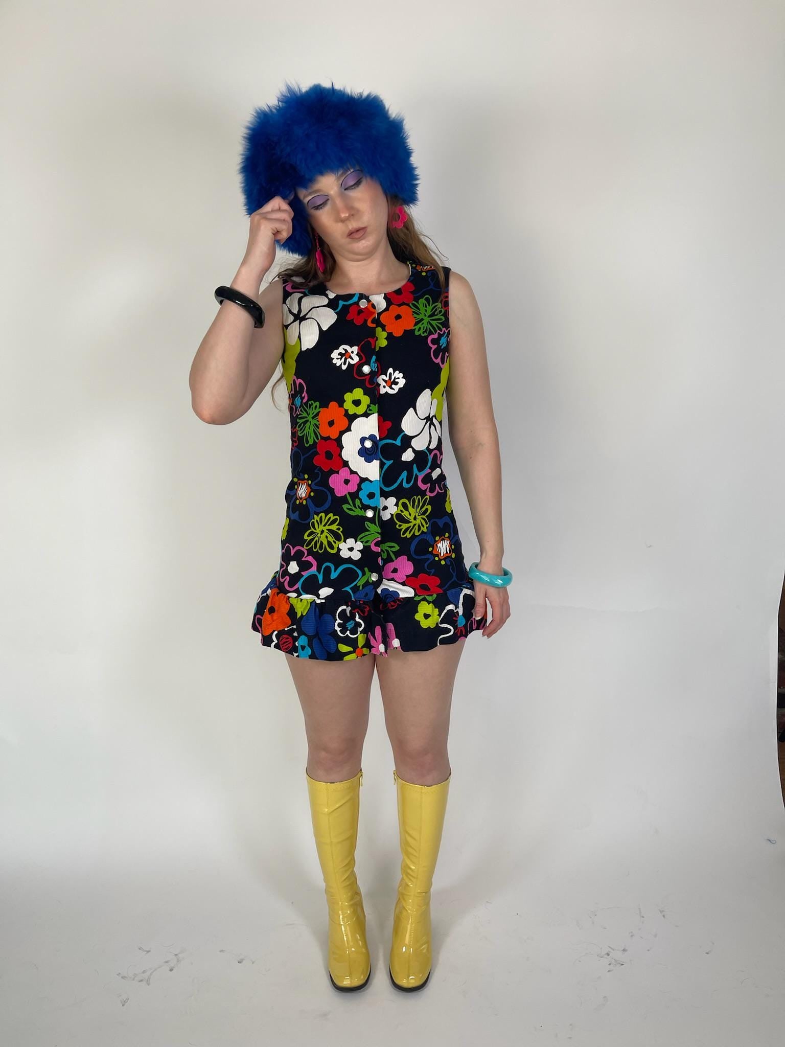 Vintage 60s "Miss Elaine" Neon Flowers Mini Dress - Fits Size XS-S