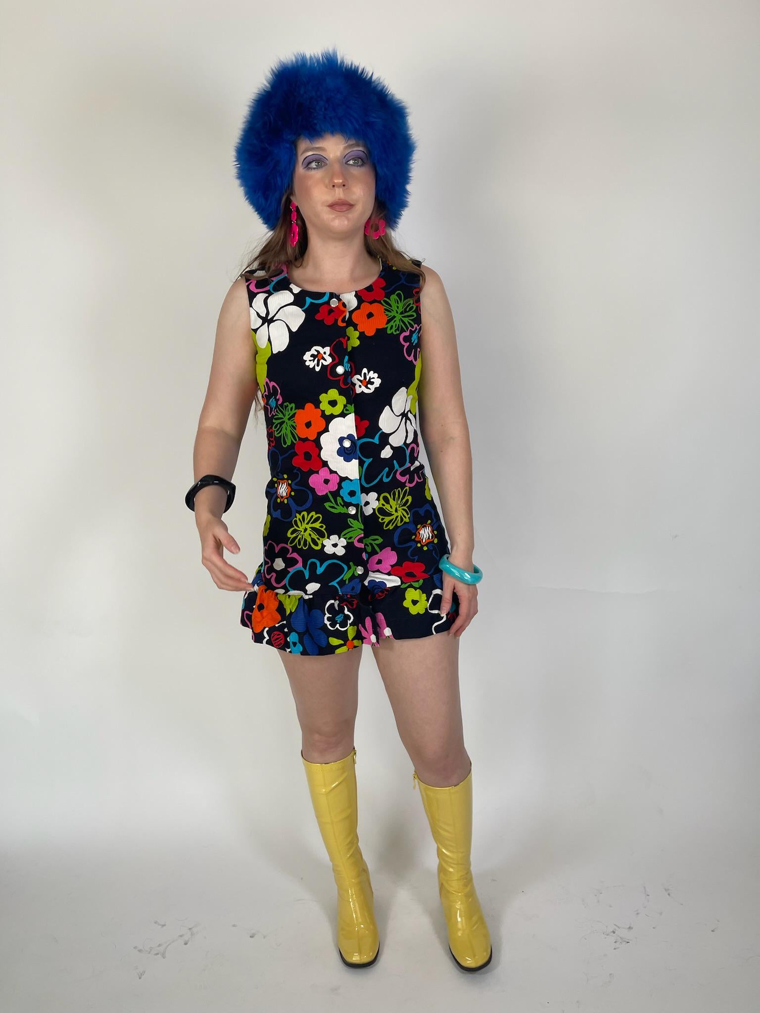 Vintage 60s "Miss Elaine" Neon Flowers Mini Dress - Fits Size XS-S
