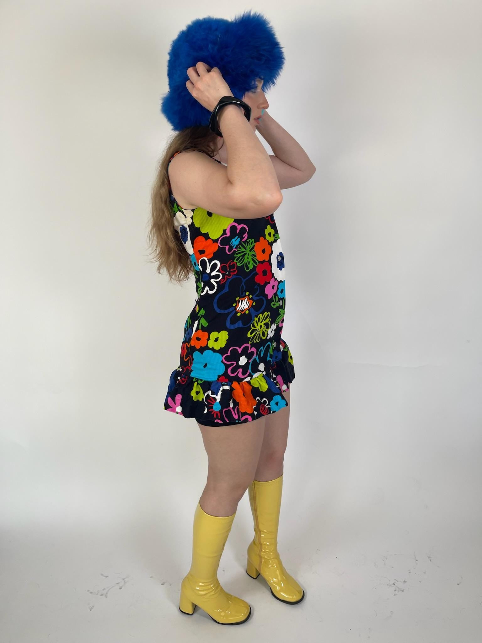 Vintage 60s "Miss Elaine" Neon Flowers Mini Dress - Fits Size XS-S