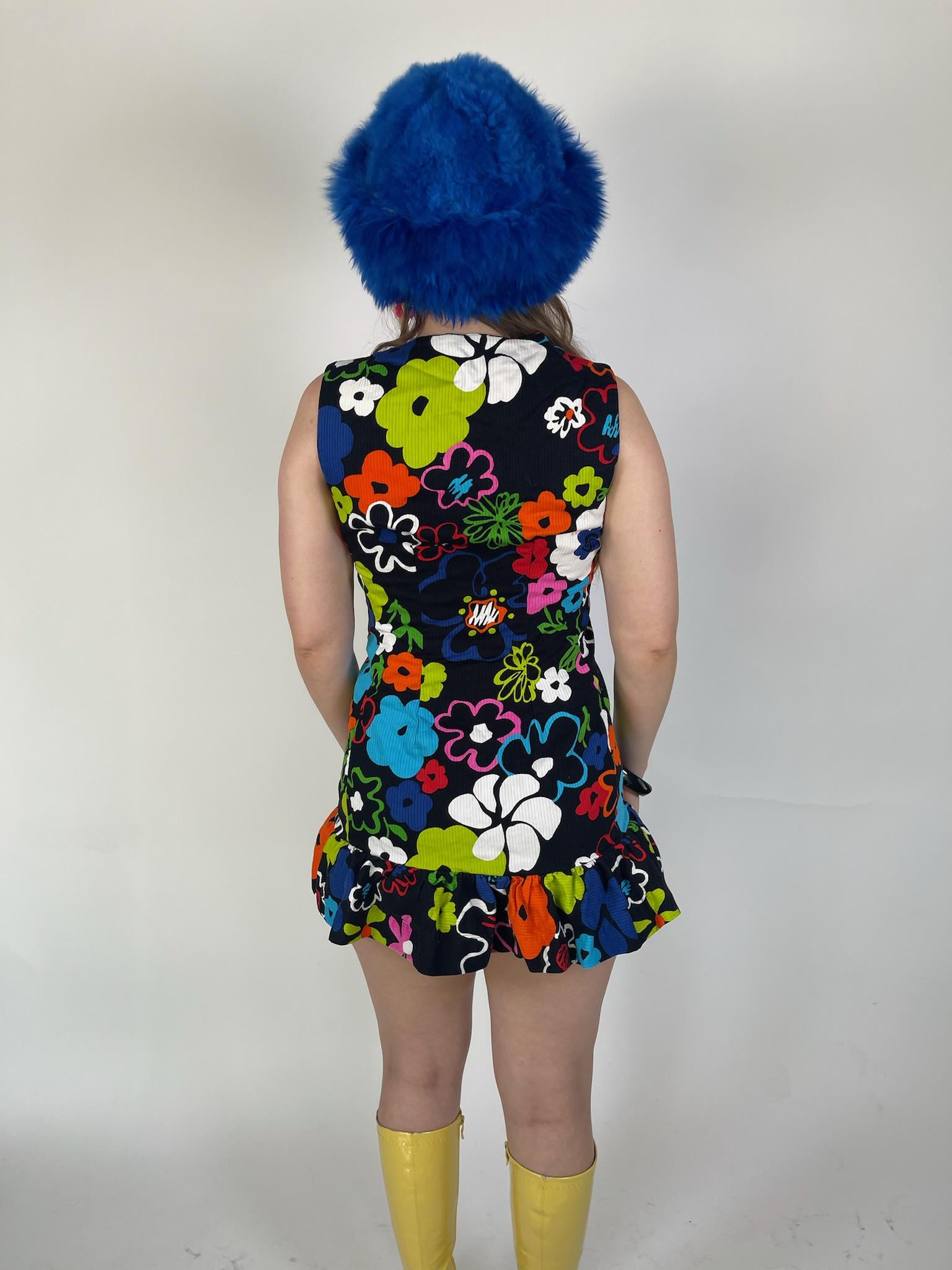 Vintage 60s "Miss Elaine" Neon Flowers Mini Dress - Fits Size XS-S