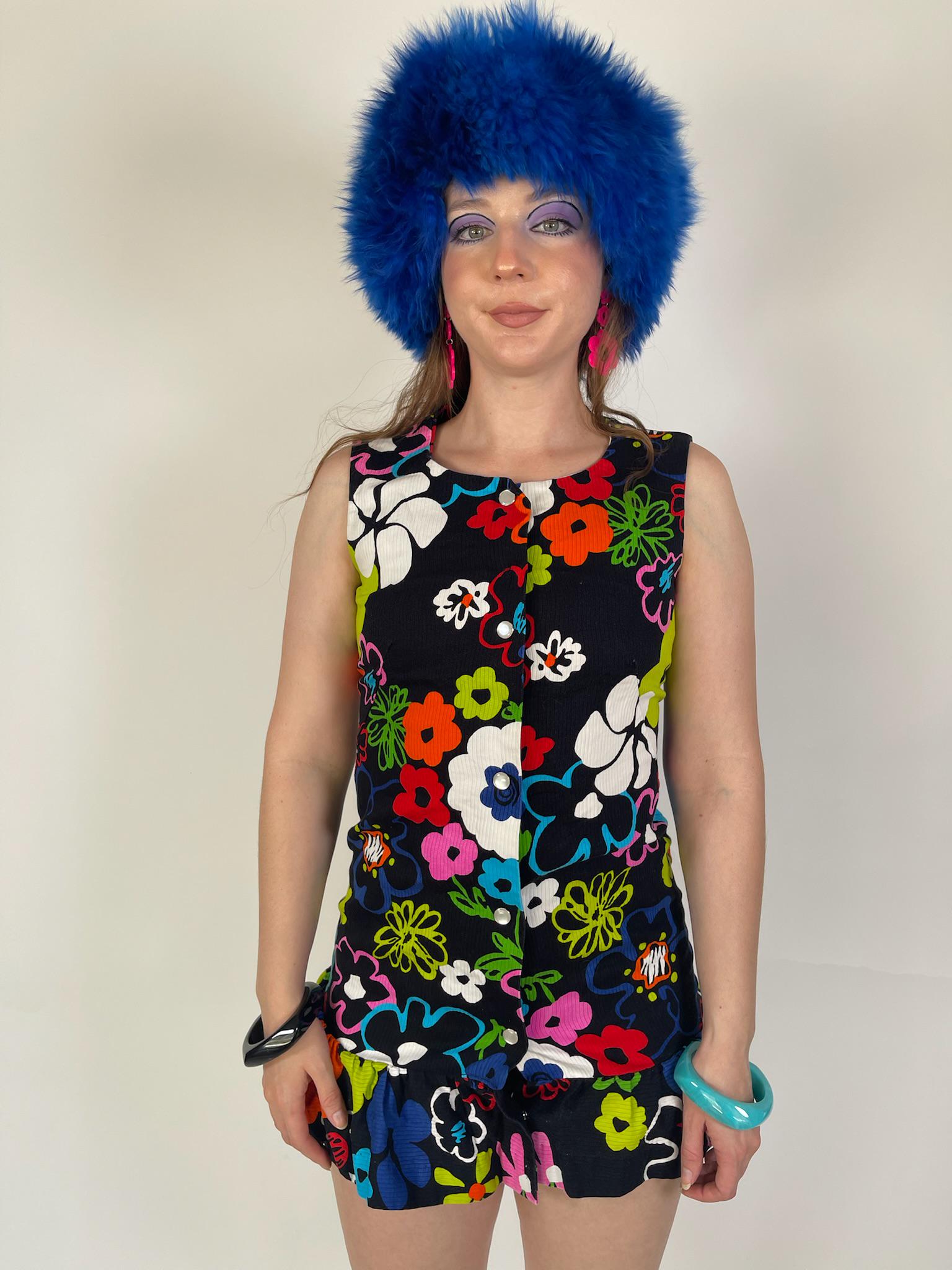 Vintage 60s "Miss Elaine" Neon Flowers Mini Dress - Fits Size XS-S