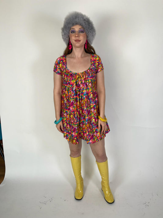 Vintage 60s 70s Trapeze Swirl Print Mini Dress - Fits Size XS-M