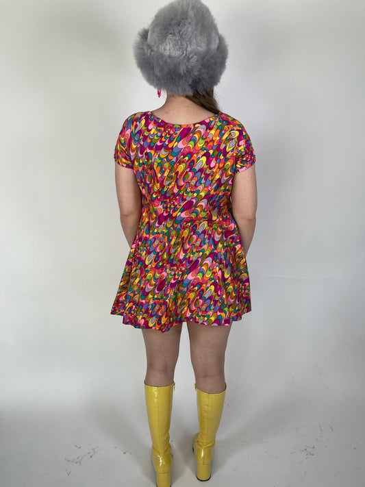 Vintage 60s 70s Trapeze Swirl Print Mini Dress - Fits Size XS-M