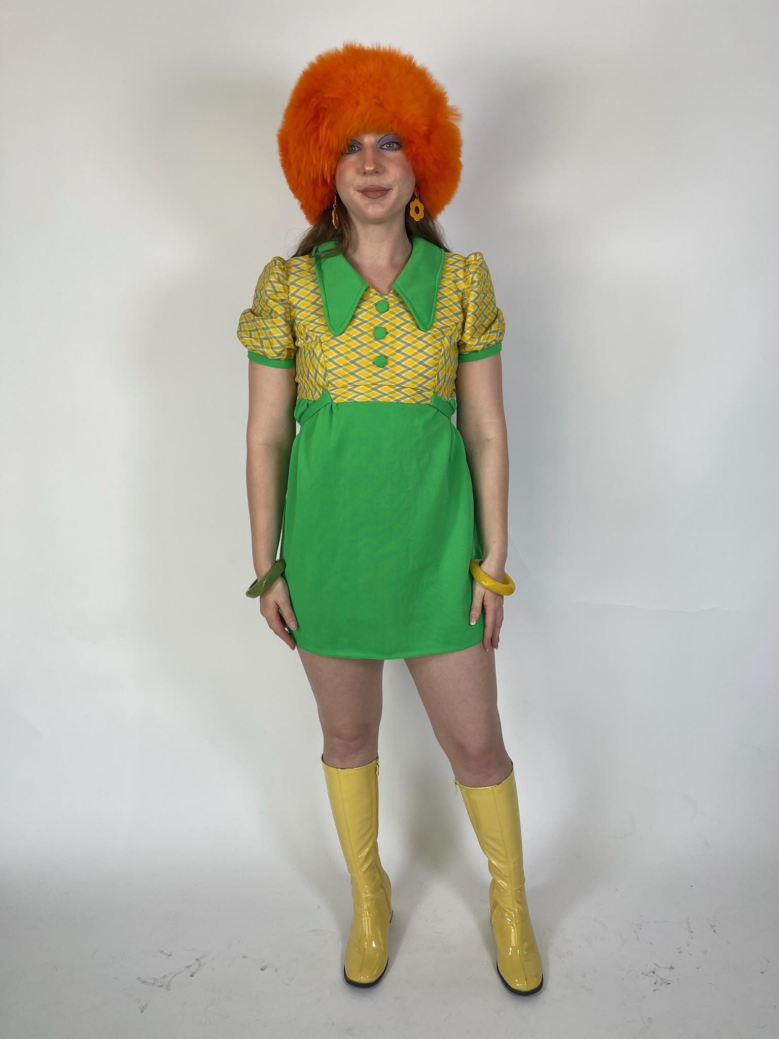 Vintage 60s 70s Green and Yellow Diamond Print Baby Doll Dress - Fits Size XS-M