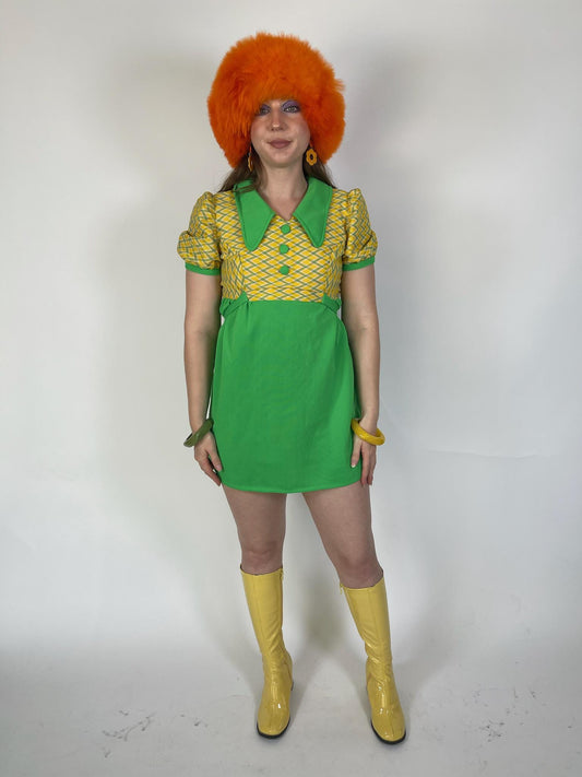 Vintage 60s 70s Green and Yellow Diamond Print Baby Doll Dress - Fits Size XS-M