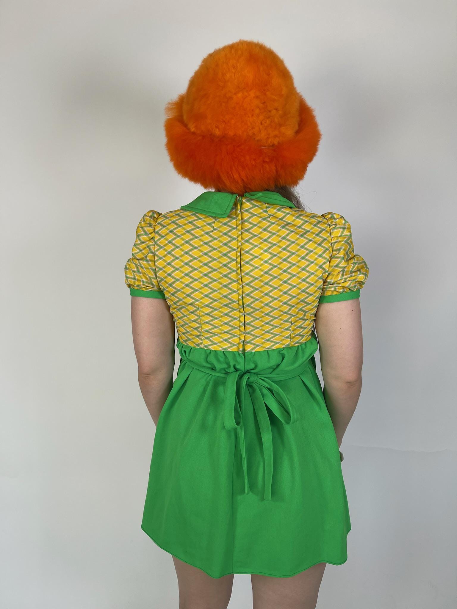 Vintage 60s 70s Green and Yellow Diamond Print Baby Doll Dress - Fits Size XS-M