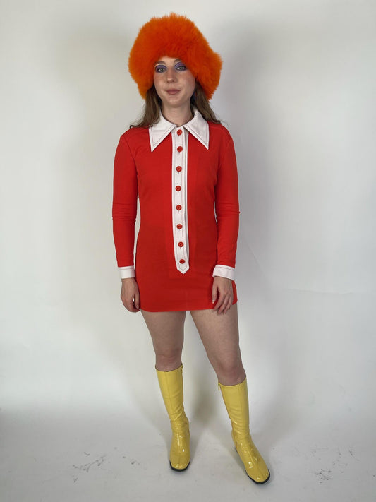 Vintage 60s 70s Red And White Dagger Collar Mini Dress - Fits Size XS-S, Possible M