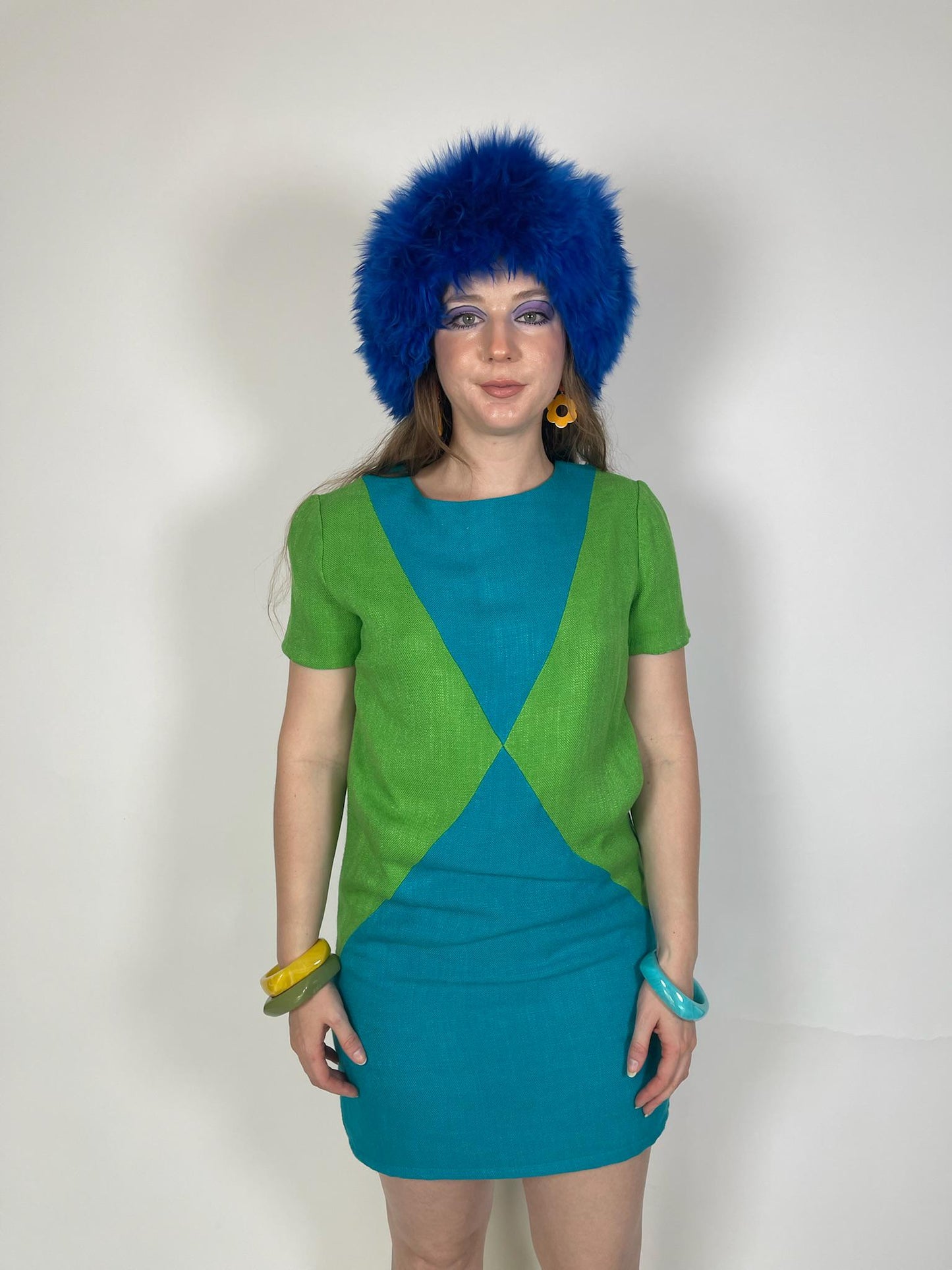 Vintage 60s Mod Green And Blue Harlequin Dress - Fits Size M, Possibly L