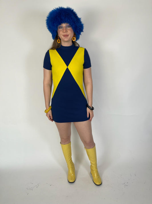Vintage 60s Mod Navy Blue And Yellow Harlequin Dress - Fits Size XS-S, Possibly M