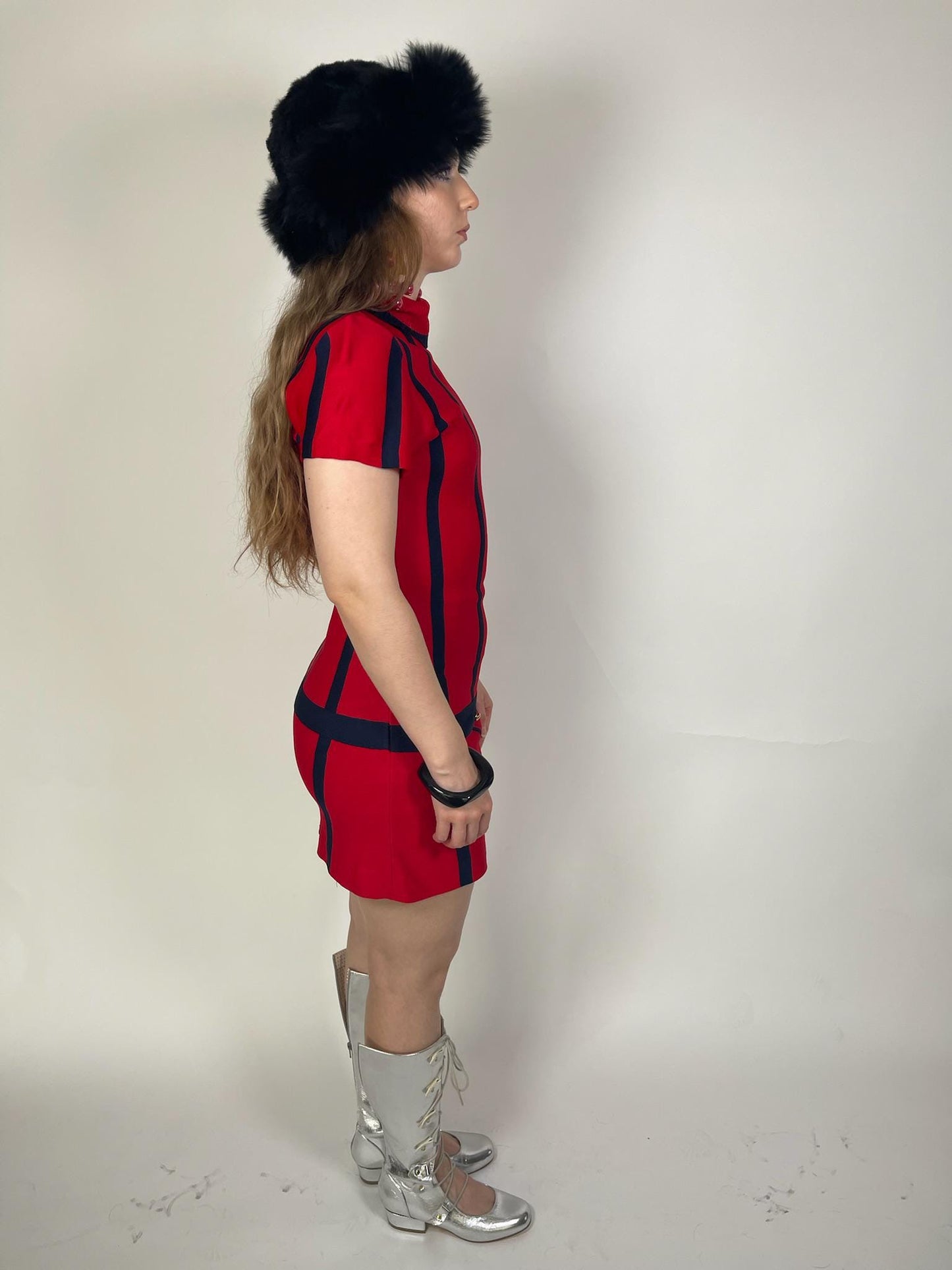 Vintage 60s Navy Blue and Red Mod Knit Dress - Fits Size XS-M