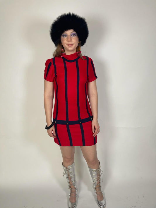 Vintage 60s Navy Blue and Red Mod Knit Dress - Fits Size XS-M
