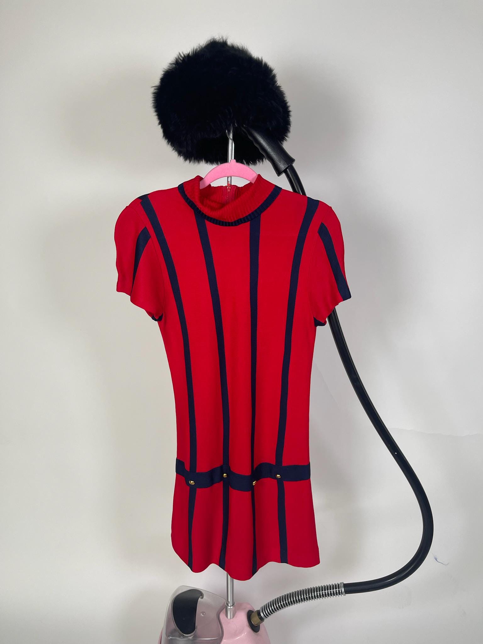 Vintage 60s Navy Blue and Red Mod Knit Dress - Fits Size XS-M