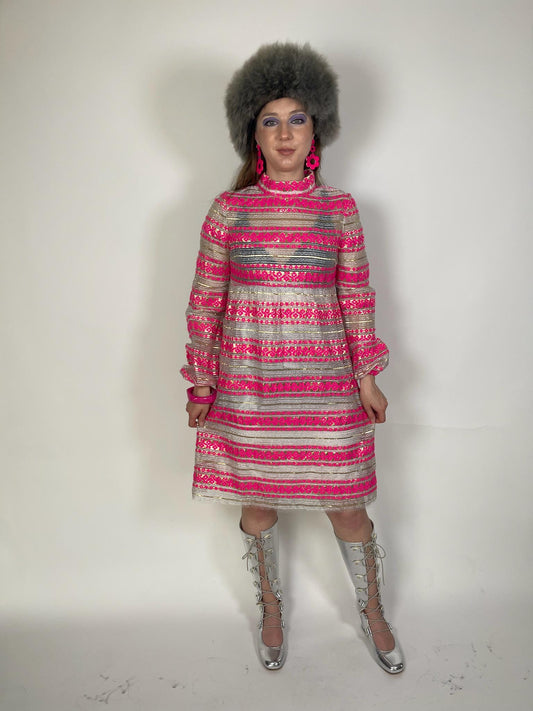 Vintage 60s 70s Metallic Sheer Pink Dress - Fits Size S-M