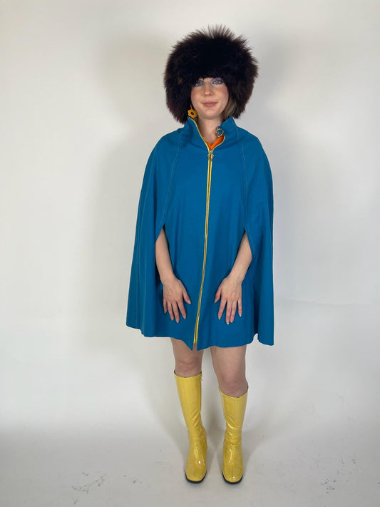 Vintage 60s Blue Poncho Cape - Fits Most Sizes