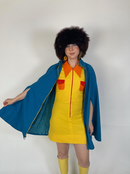 Vintage 60s Blue Poncho Cape - Fits Most Sizes