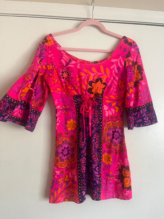 Vintage 60s "Mildred's Of Hawaii" Corset Front Mini Dress - Fits Size XS-S
