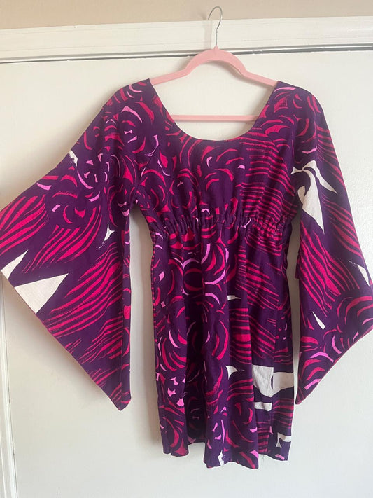 Vintage 60s Hawaiian Angel Sleeves Mini Dress - Fits Size XS-S
