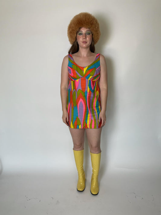 Vintage 60s "Symphony" Multicolored Print Mini Dress - Best Fits Size XS-S