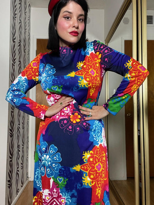 Vintage 70s "Collector's Items by Anne Fogarty" Multicolored Long Sleeve Maxi Dress - Fits Size S-L