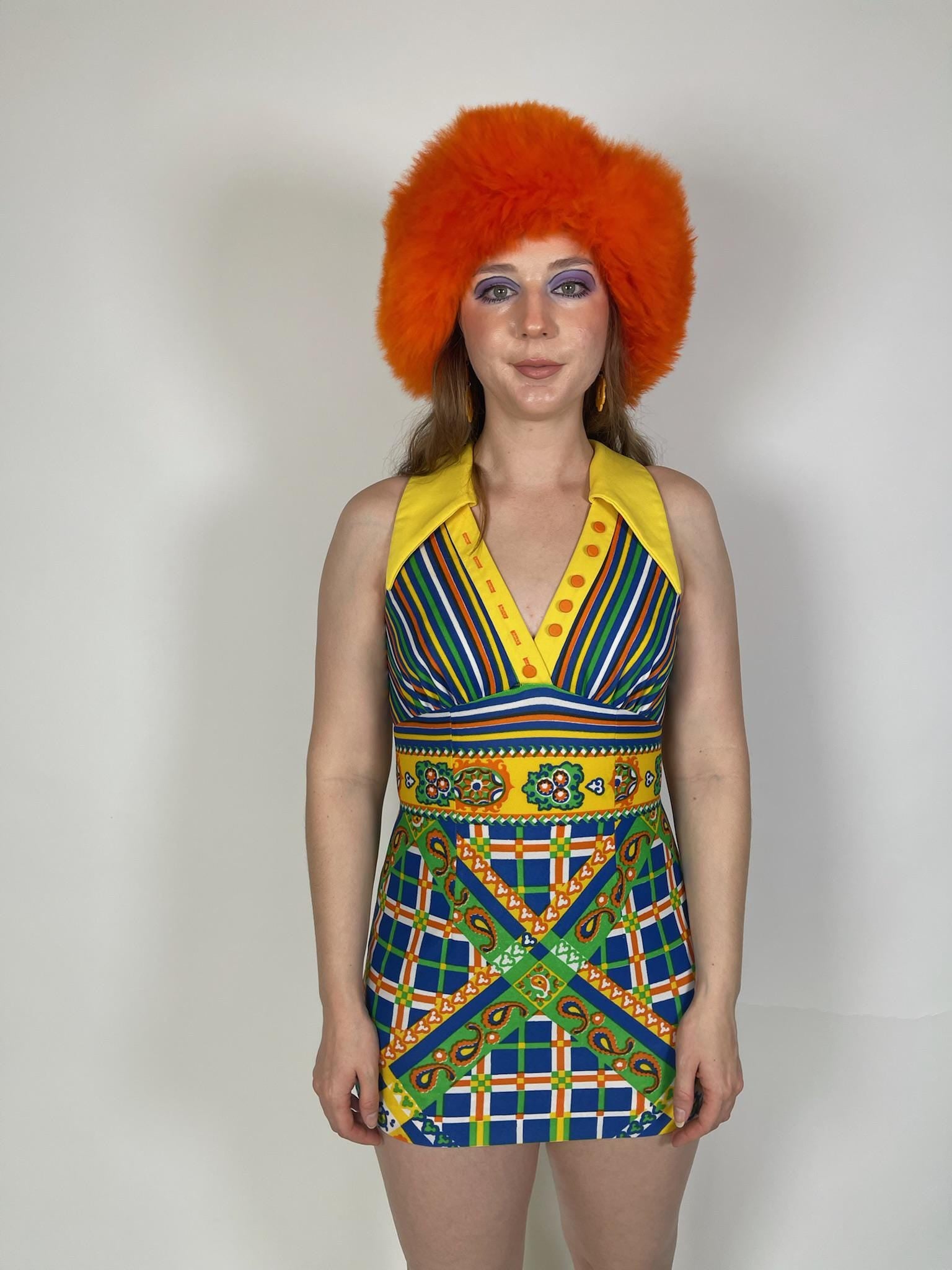 Vintage 60s 70s "Mel Warshaw for Miss Jane Miami" Yellow Dagger Collar Cage Back Mini Dress - Fits Size XS-S