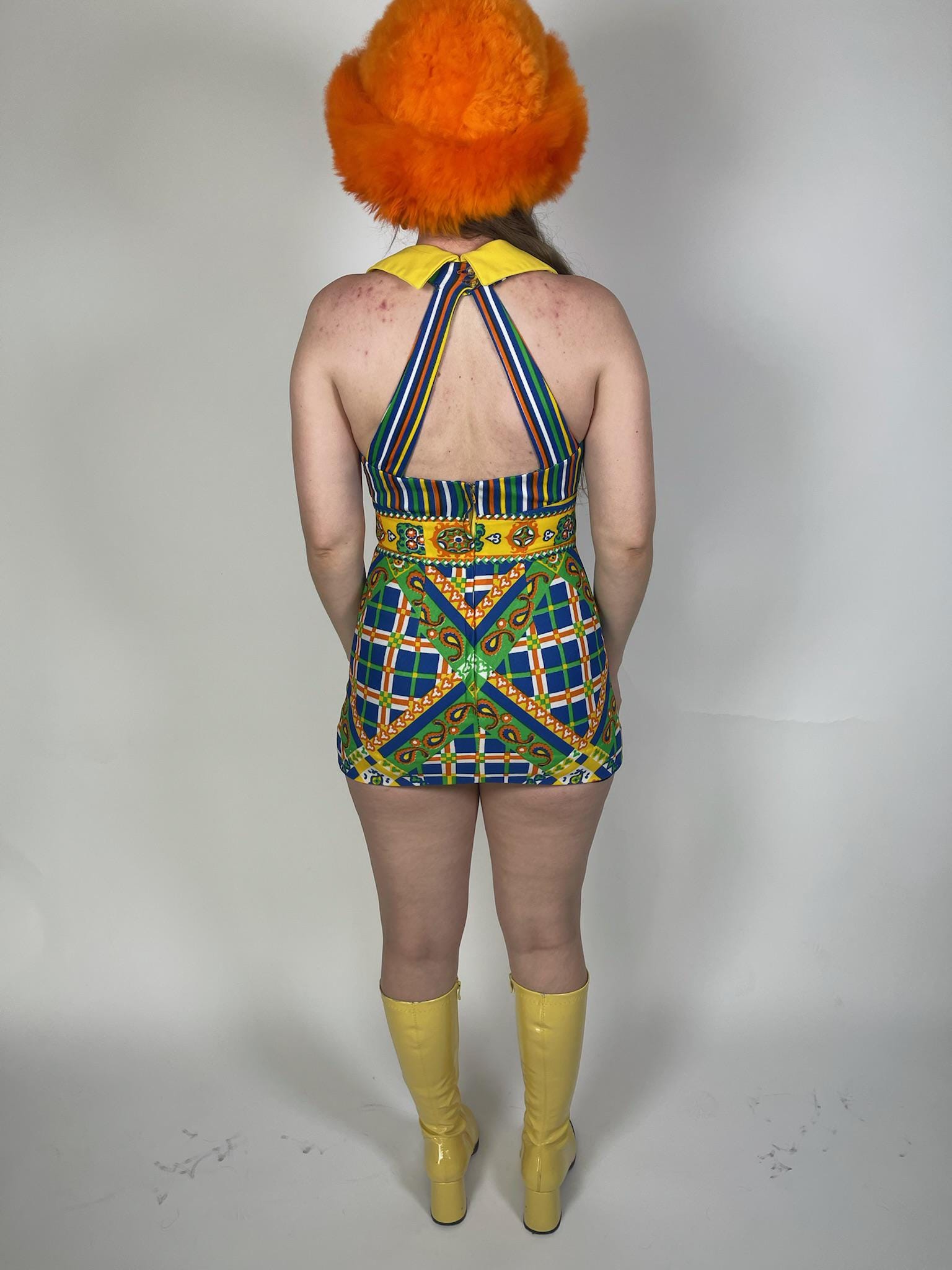 Vintage 60s 70s "Mel Warshaw for Miss Jane Miami" Yellow Dagger Collar Cage Back Mini Dress - Fits Size XS-S