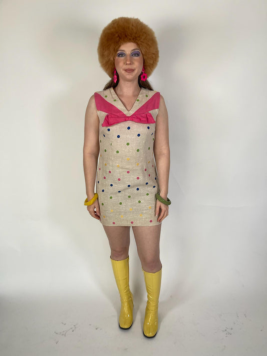 VIntage 60s Tan Mini Dress With Embroidered Polka Dots - Fits Size XS-S