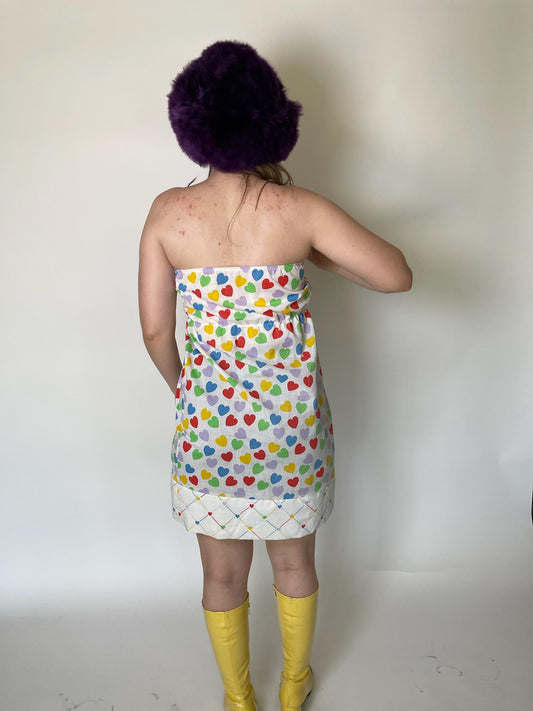 Vintage 70s Strapless Cotton Heart Print Mini Dress - Fits Size XS-S