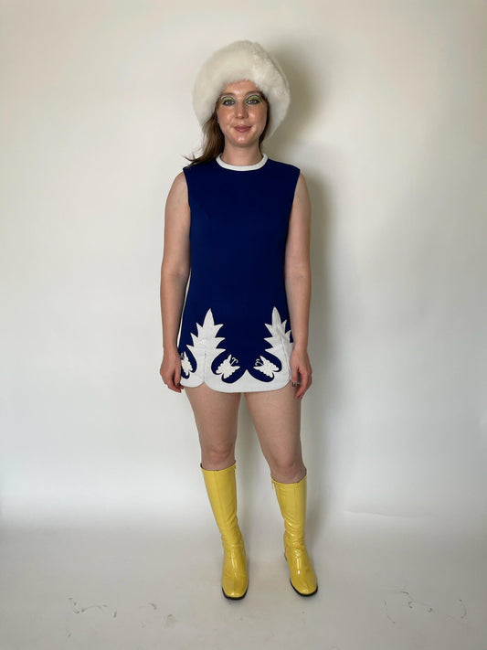 Vintage 60s Blue And White Tunic Dress - Fits Size XS