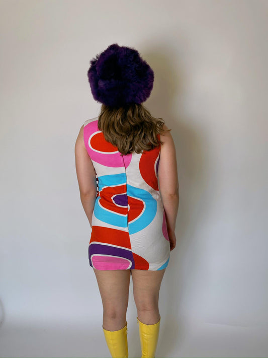 Vintage 60s "Malia Honolulu" Psychedelic Circle Print Mini Dress - Fits Size XS-S