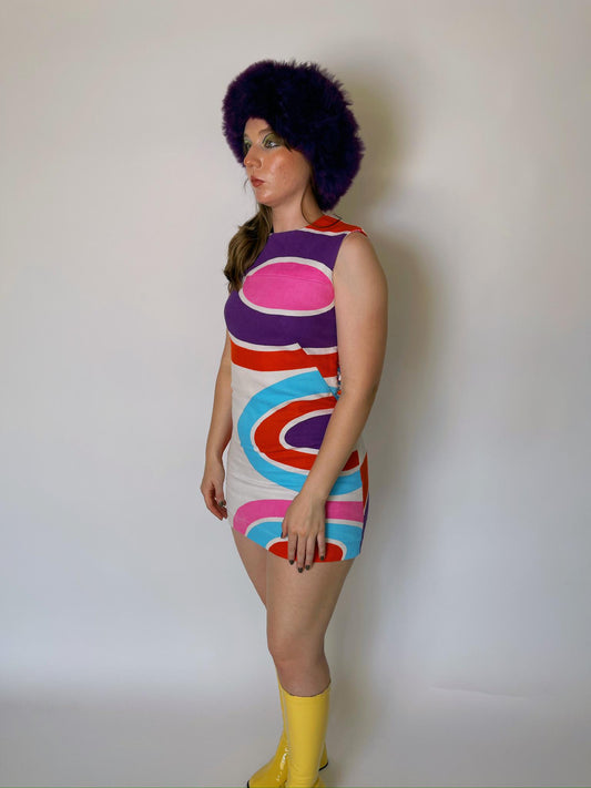 Vintage 60s "Malia Honolulu" Psychedelic Circle Print Mini Dress - Fits Size XS-S