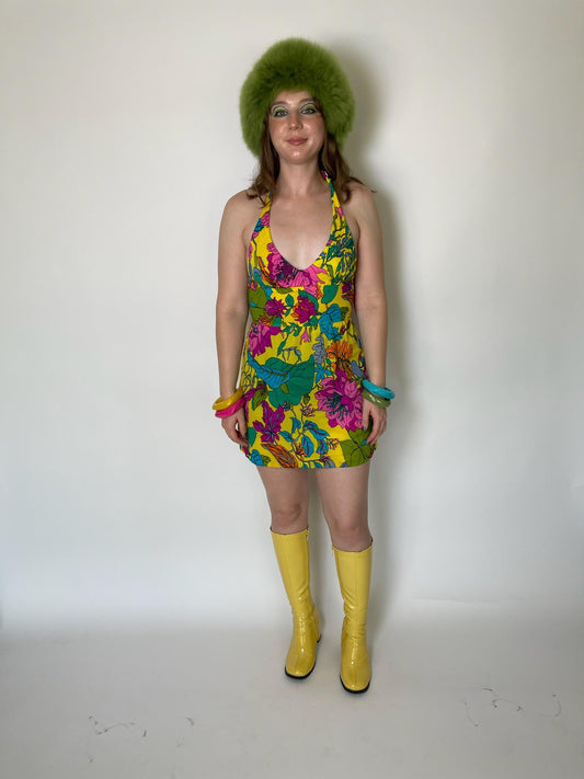 Vintage 60s 70s Multicolored Flowers Halter Mini Dress - Fits Size XS-S, Possible M