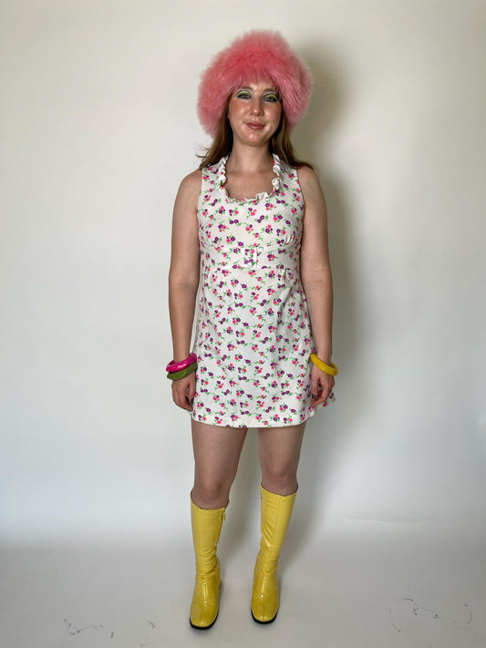 Vintage 60s 70s White with Pink and Purple Flowers Dress - Fits Size XS-S