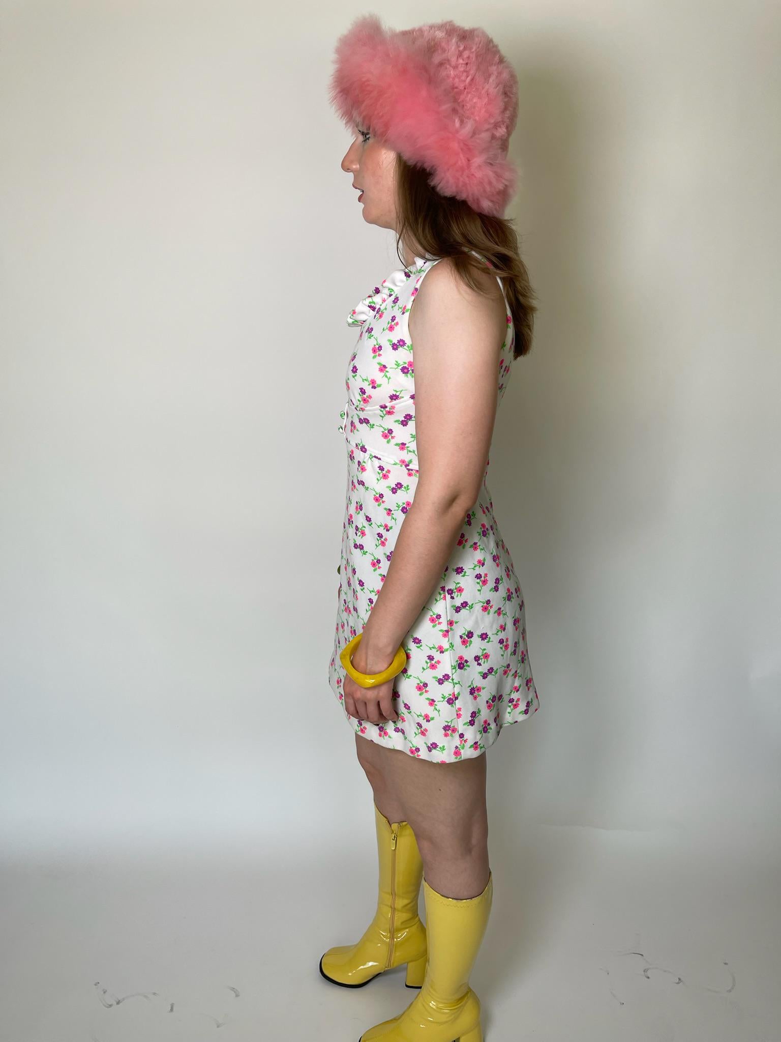 Vintage 60s 70s White with Pink and Purple Flowers Dress - Fits Size XS-S