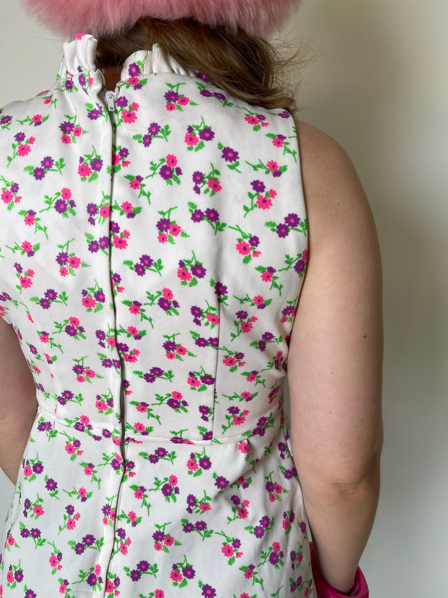 Vintage 60s 70s White with Pink and Purple Flowers Dress - Fits Size XS-S