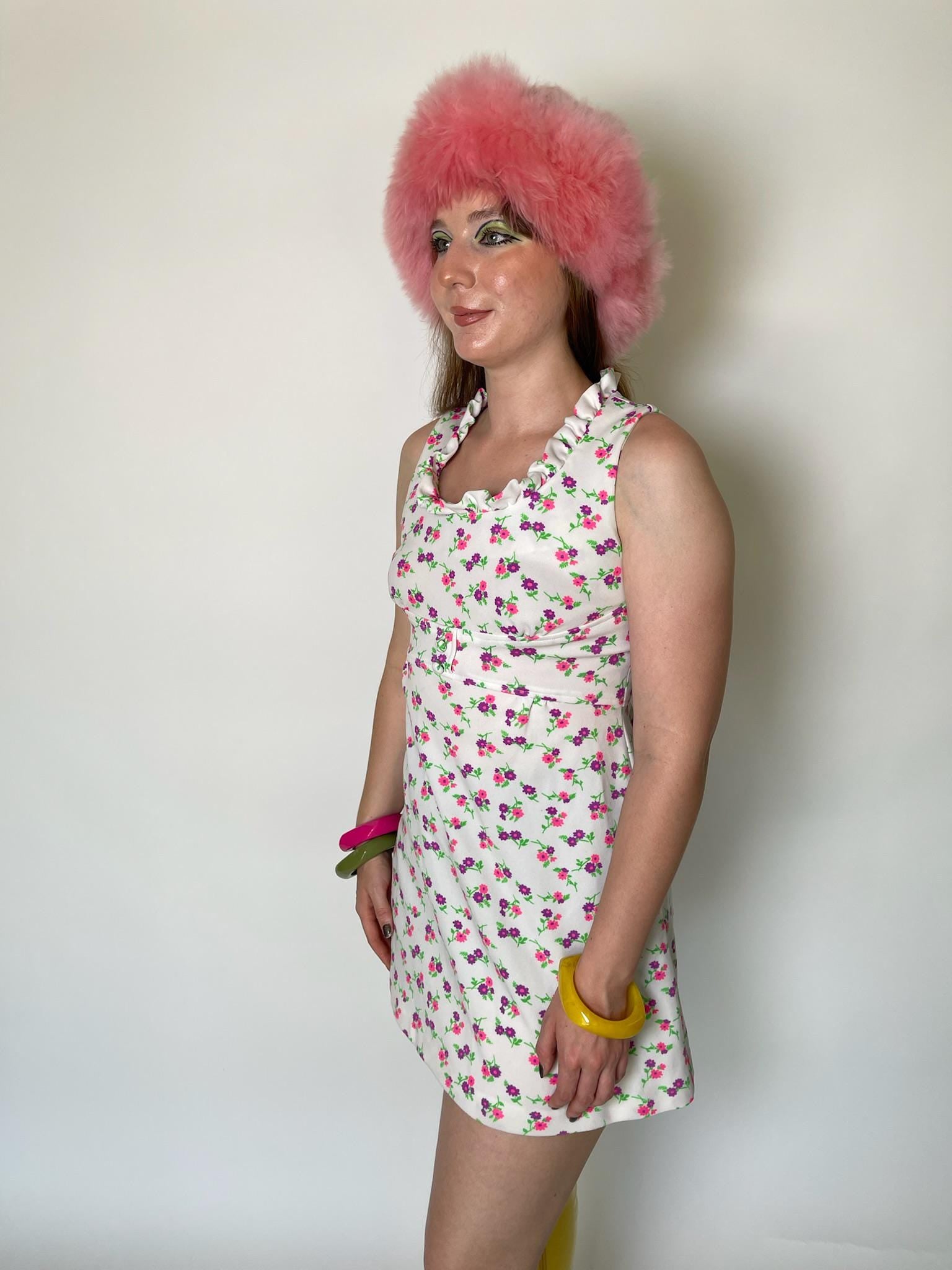 Vintage 60s 70s White with Pink and Purple Flowers Dress - Fits Size XS-S