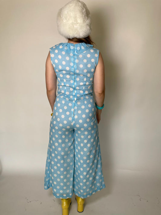 Vintage 60s Blue Jumpsuit with White Polka Dots - Fits Size S, Possibly M