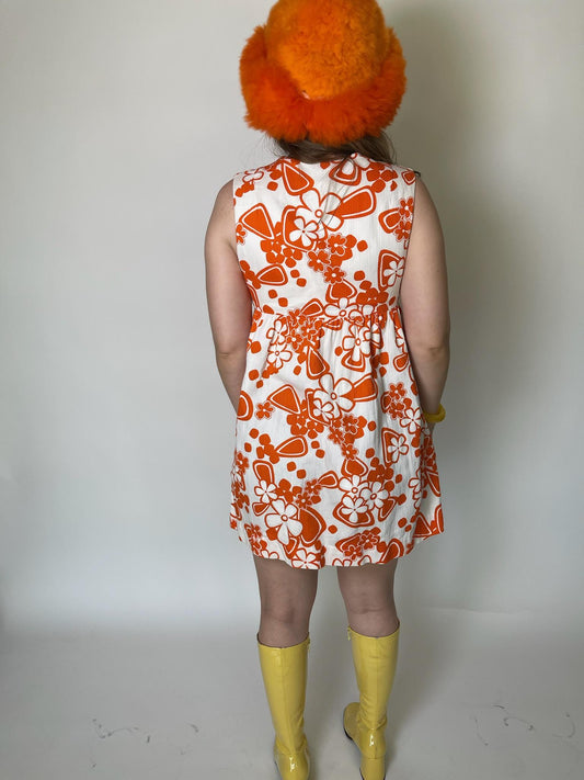 Vintage 60s Orange And White Flower Print Mini Dress - Fits Size S-M