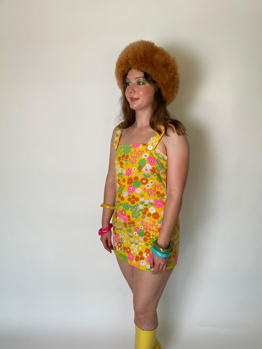 Vintage 60s 70s Yellow Multicolored Flower Print Pinafore Dress- Fits Size XS, Possibly S