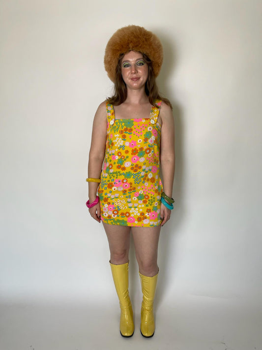 Vintage 60s 70s Yellow Multicolored Flower Print Pinafore Dress- Fits Size XS, Possibly S