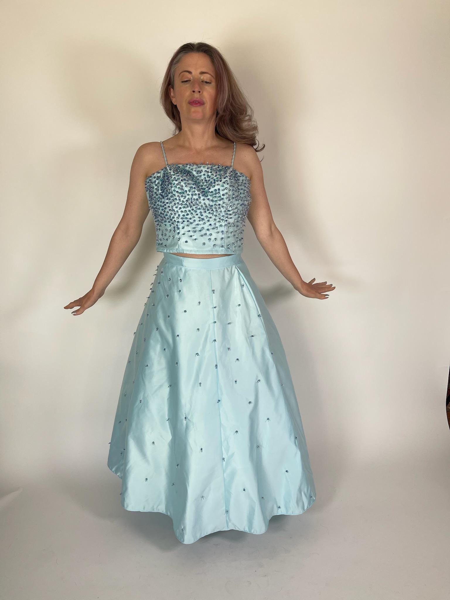 Vintage 60s 70s Reworked Blue Beaded Skirt Set - Fit S-M