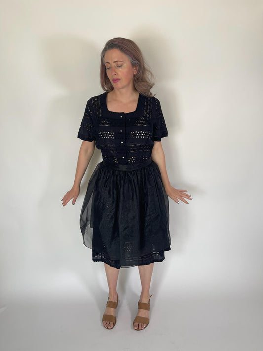 Vintage 80s Black Sheer Organza Overskirt - Fits Size M