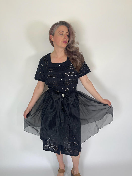 Vintage 80s Black Sheer Organza Overskirt - Fits Size M